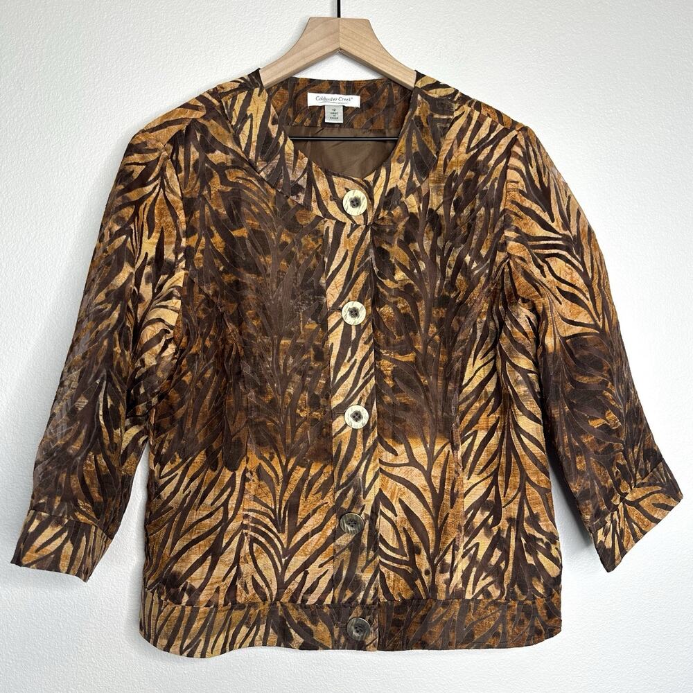 COLDWATER CREEK Size 12 Animal Print Brown Jacket Blazer Tiger Boho City Glam